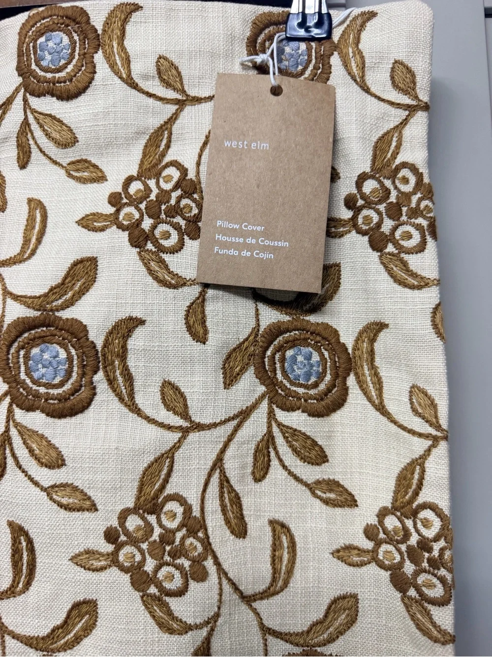 West Elm Cream and Brown Floral Embroidered Pillow Cover 20x20